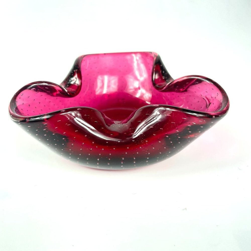 Cranberry Bullicante Art Glass Ashtray Bowl